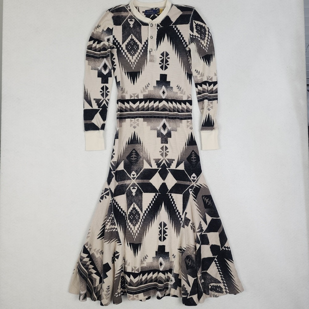 Polo Ralph Lauren Henley Dress Womens Small Beige Southwestern Print Ruffle Hem